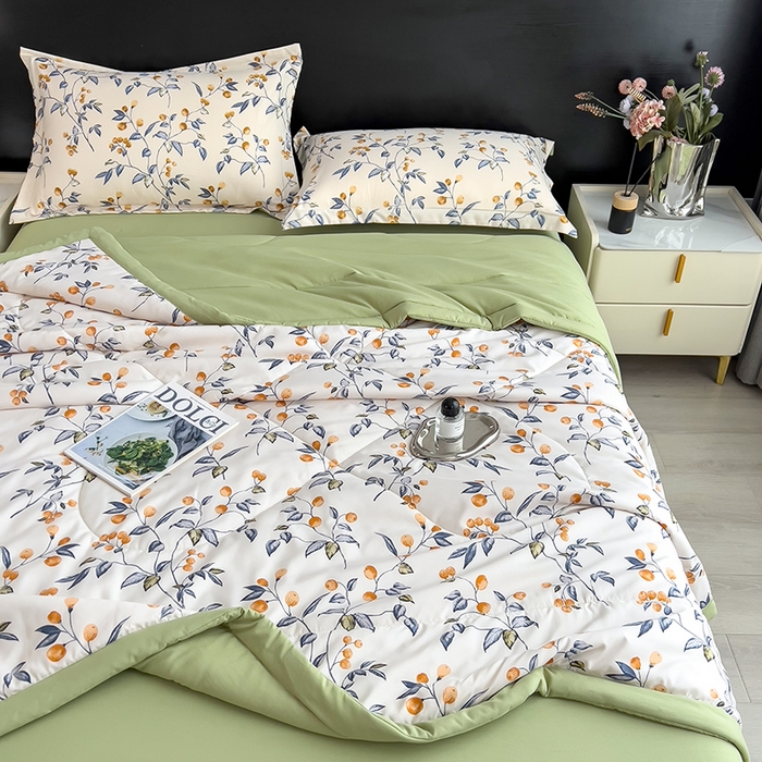 91家纺网 家纺一手货源 找家纺 宝士康家纺 2025新款10A抗菌双层纱印花夏被四件套 金桔