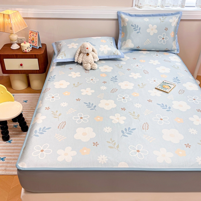 91家纺网 家纺一手货源 找家纺 慕尚家纺 2025新款数码印花床席床笠款冰藤席 床笠款-花朵蓝