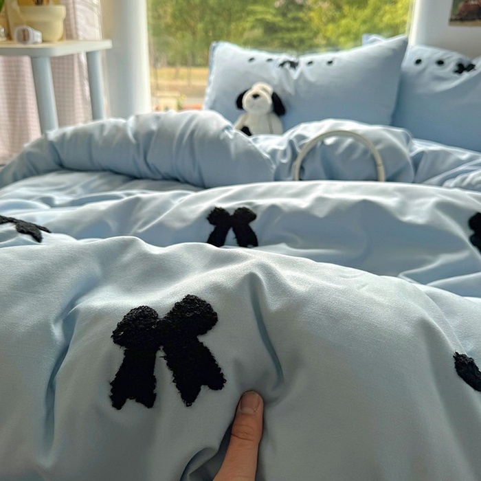 91家纺网 家纺一手货源 找家纺 耀达家居 2025新款A类水洗棉毛巾绣四件套 蝴蝶结-蓝