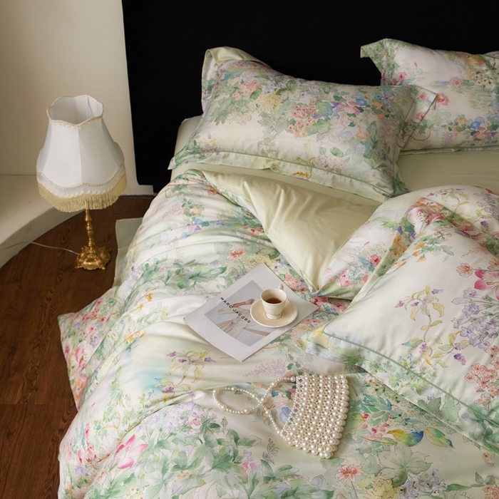 91家纺网 家纺一手货源 找家纺 金奇达家纺 2025新款竹玉清丝四件套-雅韵【标准号全网控价（折后券后）不低于元228元】 悠悠风铃-青青