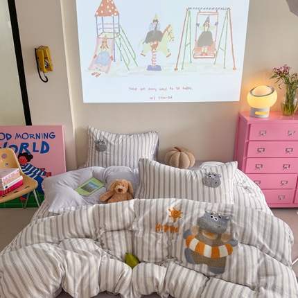 柚子 2025春夏新款全棉纯棉双层纱毛巾绣四件套 河马