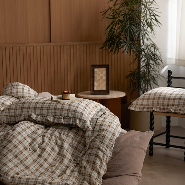 91家纺网 家纺一手货源 找家纺 安莱生活 2025新款全棉精梳棉双层纱绉纱数码印花四件套 海派甜心-卡其