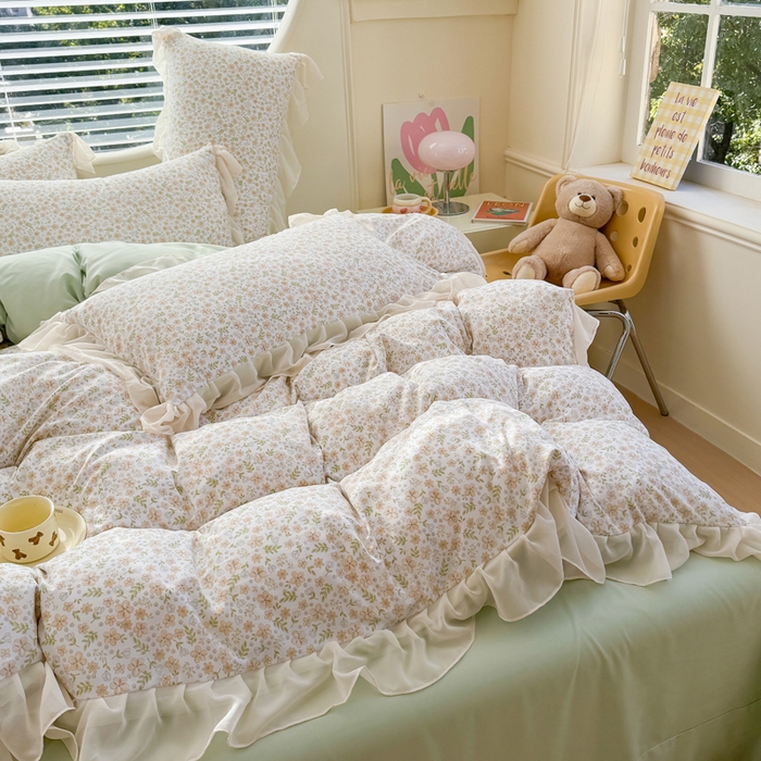 91家纺网 家纺一手货源 找家纺 苏拉家居 2025新款雪纺花边云感提花针织双层纱四件套 繁花