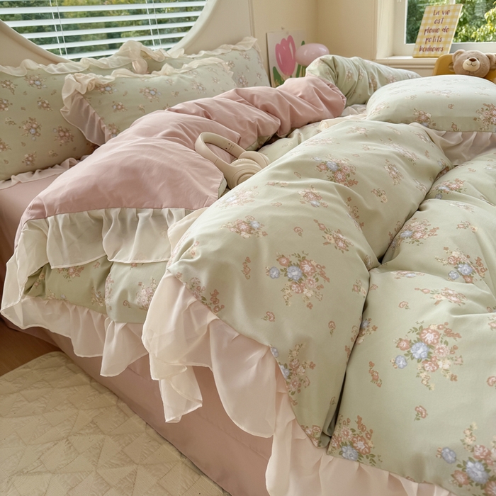 91家纺网 家纺一手货源 找家纺 苏拉家居 2025新款雪纺花边云感提花针织双层纱四件套 茶里茶气