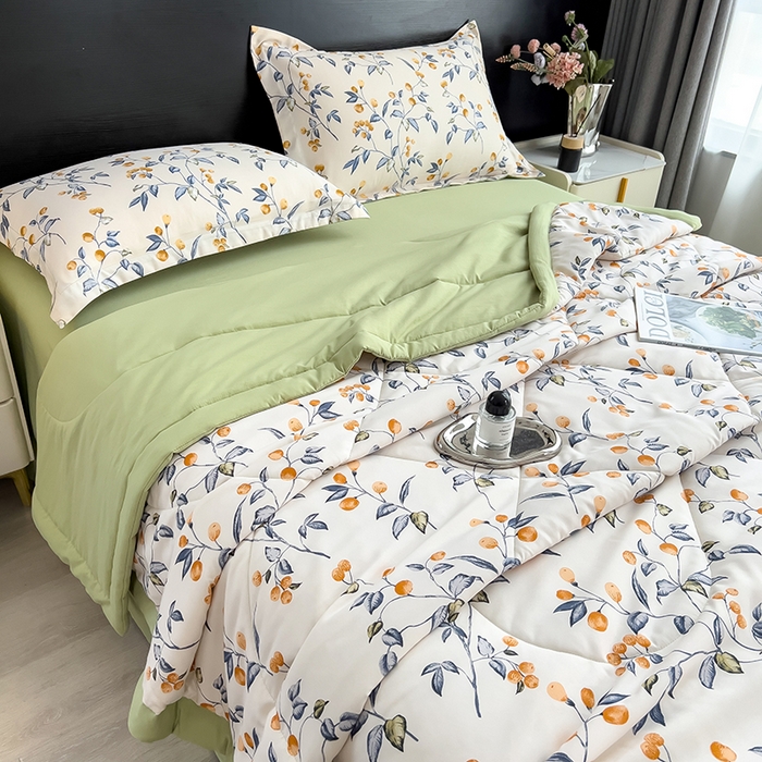 91家纺网 家纺一手货源 找家纺 宝士康家纺 2025新款10A抗菌双层纱印花夏被四件套 金桔