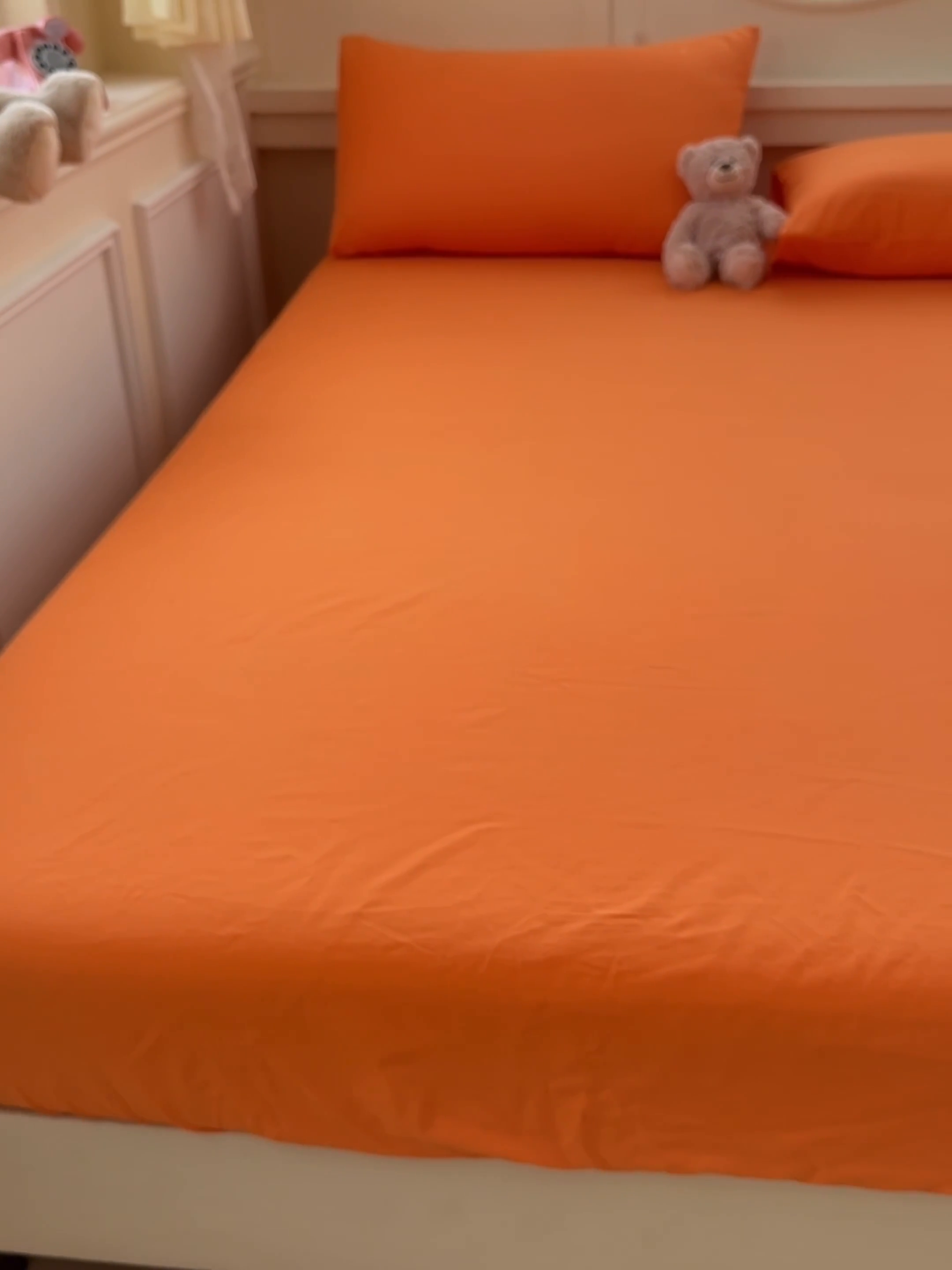 91家纺网 家纺一手货源 找家纺 2025新款全棉A类简约素色水洗棉纯棉单床笠 马丁桔