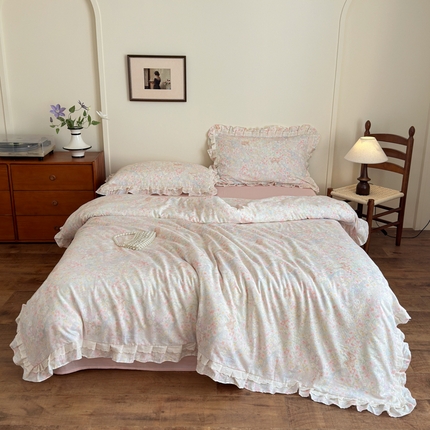 乐童家纺 2025纯棉A类双层纱双花边工艺小清新四件套 丛林小兔