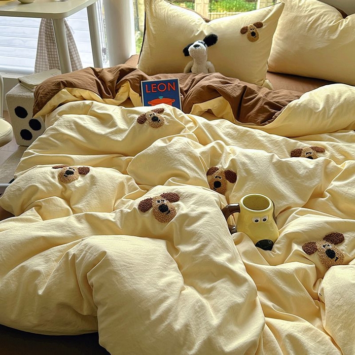 91家纺网 家纺一手货源 找家纺 耀达家居 2025新款A类水洗棉毛巾绣四件套 掌门狗-奶酪