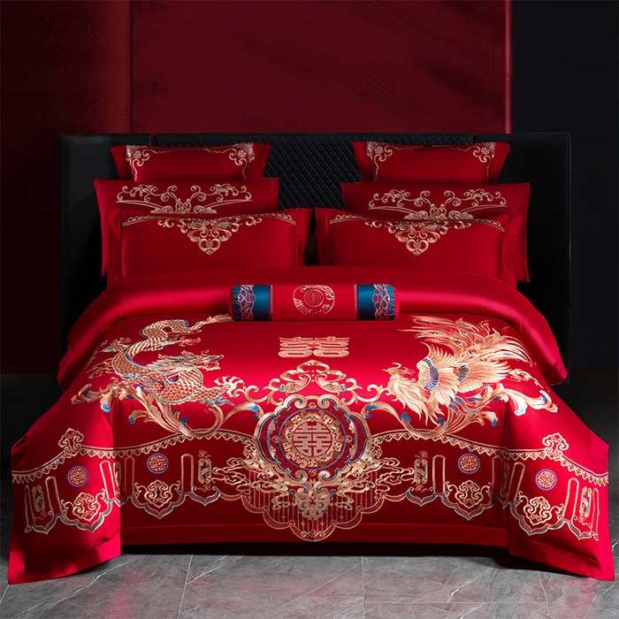 91家纺网 家纺一手货源 找家纺 博之洋婚庆 2025新款全棉长绒棉刺绣新中式婚庆系列多件套龙凤大喜