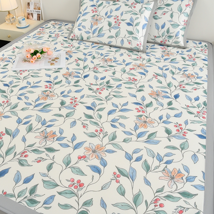 91家纺网 家纺一手货源 找家纺 简一 2025新款A类碳光印花数码冰丝凉席系列-床笠款 花枝招展