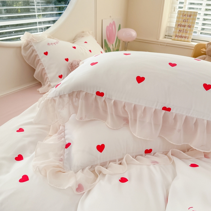 91家纺网 家纺一手货源 找家纺 苏拉家居 2025新款雪纺花边云感提花针织双层纱四件套 爱你哟