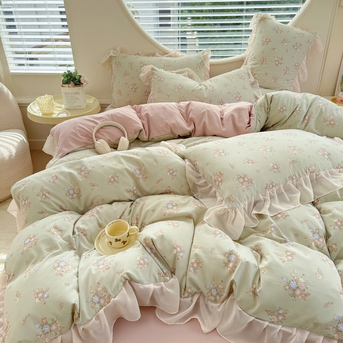 91家纺网 家纺一手货源 找家纺 苏拉家居 2025新款雪纺花边云感提花针织双层纱四件套 茶里茶气