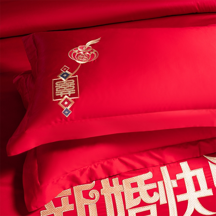 91家纺网 家纺一手货源 找家纺 博之洋婚庆 2025新款全棉长绒棉刺绣新中式婚庆系列多件套新婚快乐