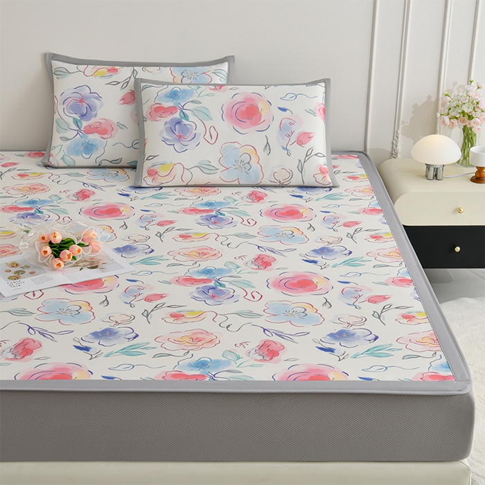 91家纺网 家纺一手货源 找家纺 简一 2025新款A类碳光印花数码冰丝凉席系列-床笠款 玫瑰花园