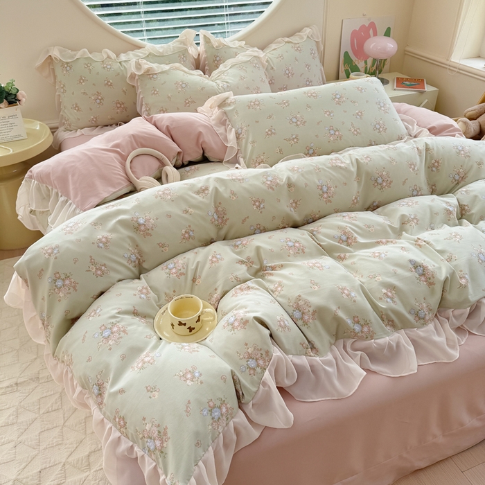 91家纺网 家纺一手货源 找家纺 苏拉家居 2025新款雪纺花边云感提花针织双层纱四件套 茶里茶气