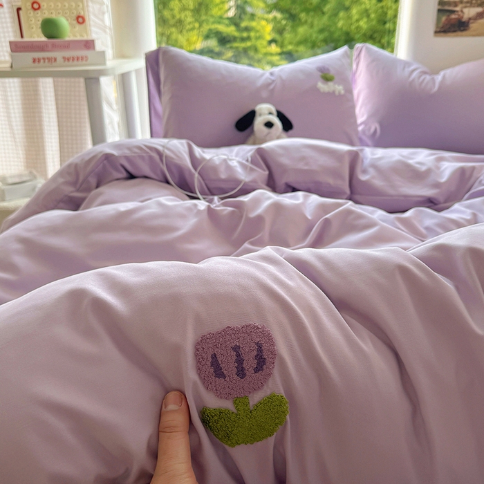 91家纺网 家纺一手货源 找家纺 耀达家居 2025新款A类水洗棉毛巾绣四件套 郁金香