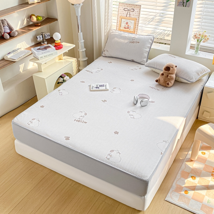 91家纺网 家纺一手货源 找家纺 春寻家纺 2025新款冰豆豆冰丝凉席-卡皮巴拉系列 床笠款-卡皮巴拉-咖