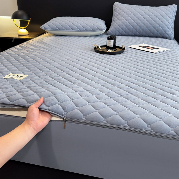 91家纺网 家纺一手货源 找家纺 叠派家纺 2025新款5A抗菌A类夹棉床笠经典款防水款系列 月光灰-小格子经典款