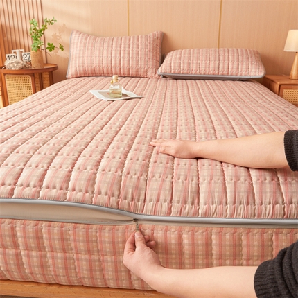 苏拉家居 2025新款无印风拉链式可拆6面全包夹棉绗缝床笠 昔城-粉 - 五面夹棉