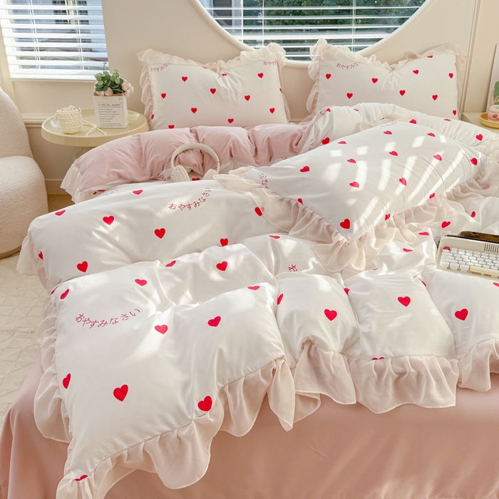 91家纺网 家纺一手货源 找家纺 苏拉家居 2025新款雪纺花边云感提花针织双层纱四件套 爱你哟