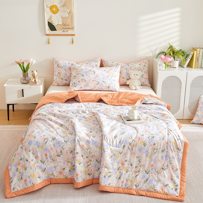 91家纺网 家纺一手货源 找家纺 海洋家纺 2025款水洗棉纯棉花夏凉被全棉花印花夏被空调被薄被子 沁香园桔