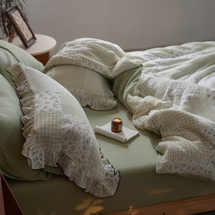 91家纺网 家纺一手货源 找家纺 安莱生活 2025新款全棉精梳棉双层纱绉纱数码印花四件套 百家布-绿