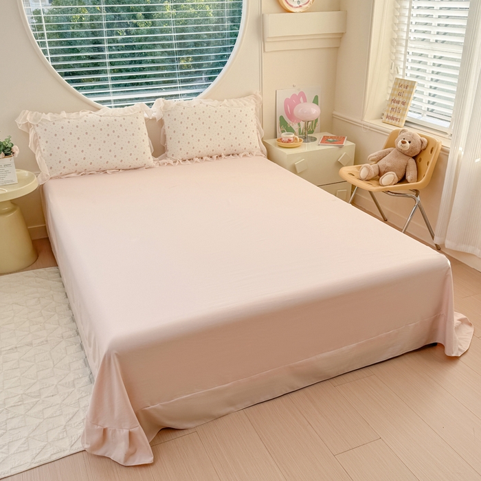 91家纺网 家纺一手货源 找家纺 苏拉家居 2025新款雪纺花边云感提花针织双层纱四件套 吃草莓啦