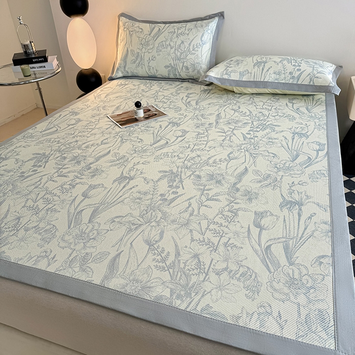 91家纺网 家纺一手货源 找家纺 格真2025新款简约印花冰藤席席子凉席 莫奈花园-灰