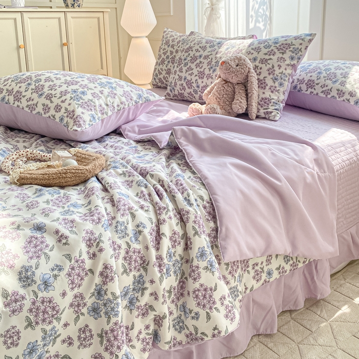 91家纺网 家纺一手货源 找家纺 2025新款针织双层纱夏被床盖四件套单夏被单床盖单品 梦幻紫藤