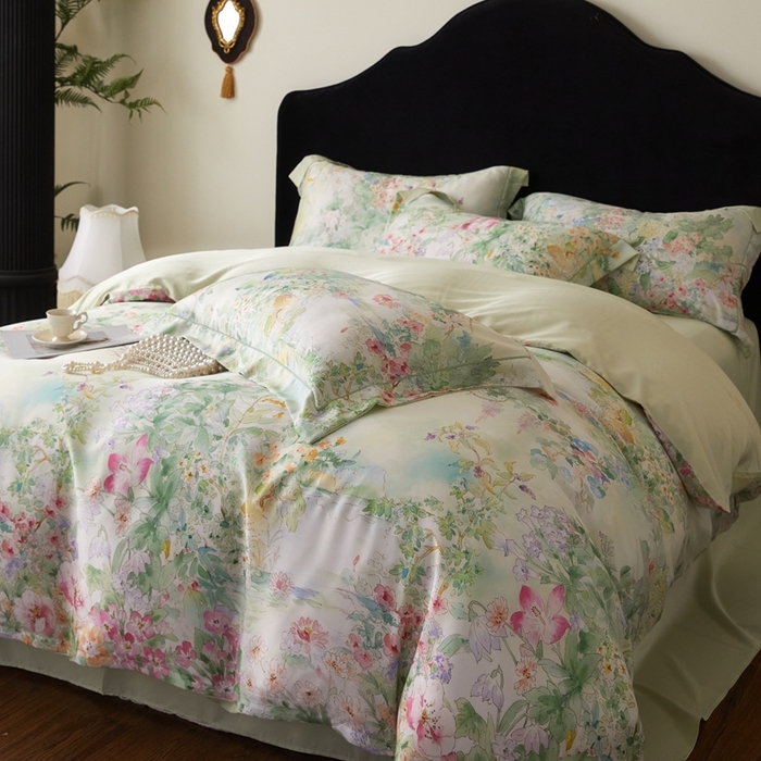 91家纺网 家纺一手货源 找家纺 金奇达家纺 2025新款竹玉清丝四件套-雅韵【标准号全网控价（折后券后）不低于元228元】 悠悠风铃-青青