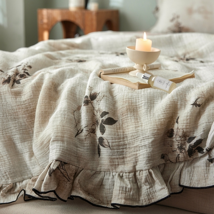 91家纺网 家纺一手货源 找家纺 安莱生活 2025新款全棉精梳棉双层纱绉纱数码印花夏凉被 云屿间-咖  夏被