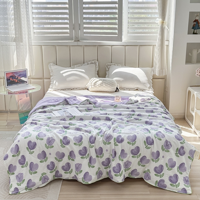 91家纺网 家纺一手货源 找家纺 富艺隆 2025新款A类水洗棉双层纱夏被水洗棉麻空调被直播爆款大豆夏被 紫色郁金香