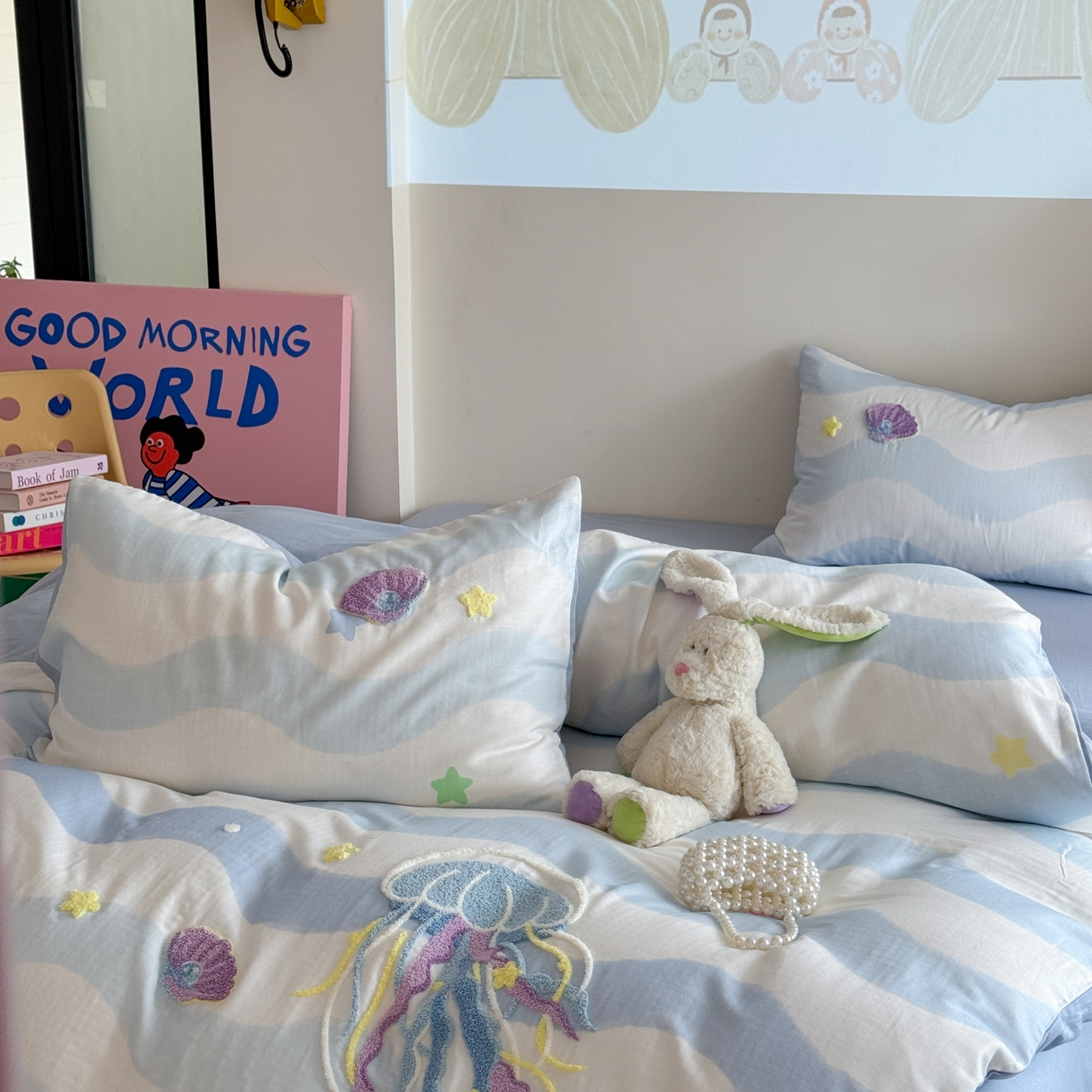 91家纺网 家纺一手货源 找家纺 柚子 2025春夏新款全棉纯棉双层纱毛巾绣四件套 水母