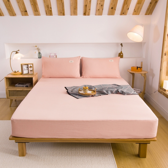 91家纺网 家纺一手货源 找家纺 2025新款全棉A类简约素色水洗棉纯棉单床笠 浅粉