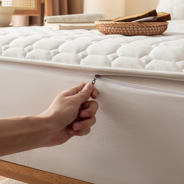 91家纺网 家纺一手货源 找家纺 叠派家纺 2025新款5A抗菌A类夹棉床笠经典款防水款系列 包边款-经典格荧月白