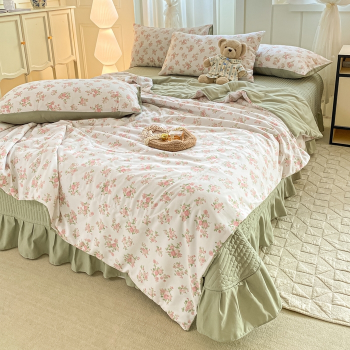 91家纺网 家纺一手货源 找家纺 2025新款针织双层纱夏被床盖四件套单夏被单床盖单品 蔷薇之恋