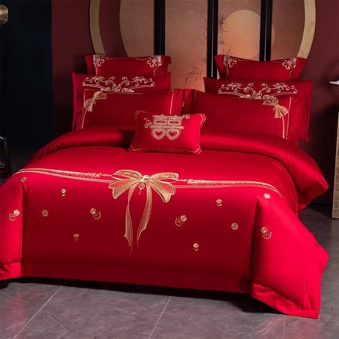 91家纺网 家纺一手货源 找家纺 博之洋婚庆 2025新款全棉长绒棉刺绣新中式婚庆系列多件套幸福快乐