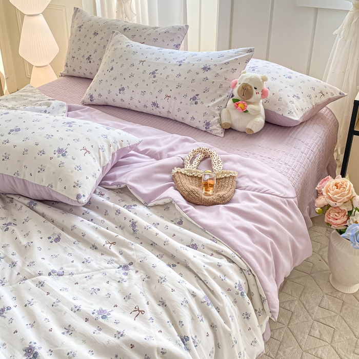 91家纺网 家纺一手货源 找家纺 2025新款针织双层纱夏被床盖四件套单夏被单床盖单品 紫色香氛