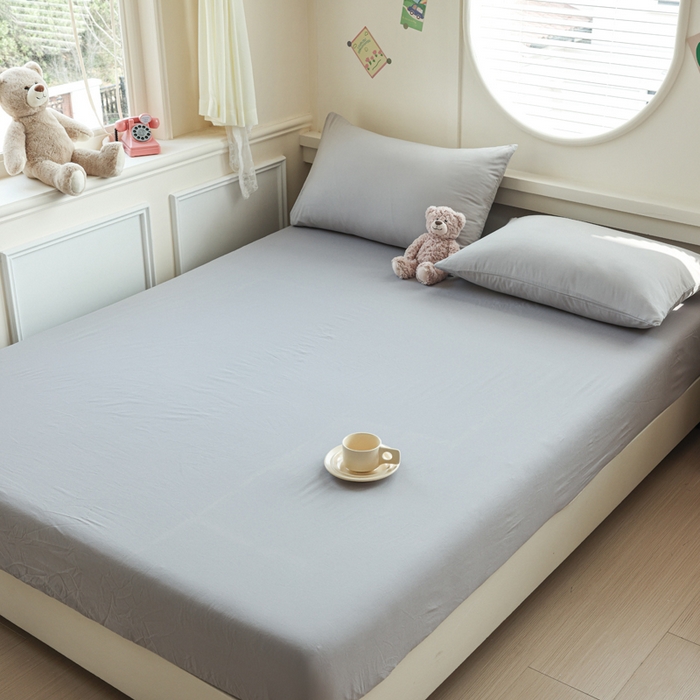 91家纺网 家纺一手货源 找家纺 2025新款全棉A类简约素色水洗棉纯棉单床笠 浅灰