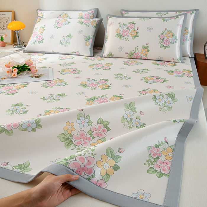 91家纺网 家纺一手货源 找家纺 简一 2025新款A类碳光印花数码冰丝凉席系列-床单款 满园春色