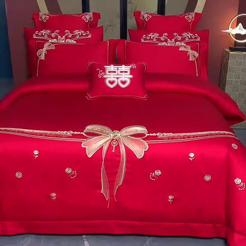 91家纺网 家纺一手货源 找家纺 博之洋婚庆 2025新款全棉长绒棉刺绣新中式婚庆系列多件套幸福快乐