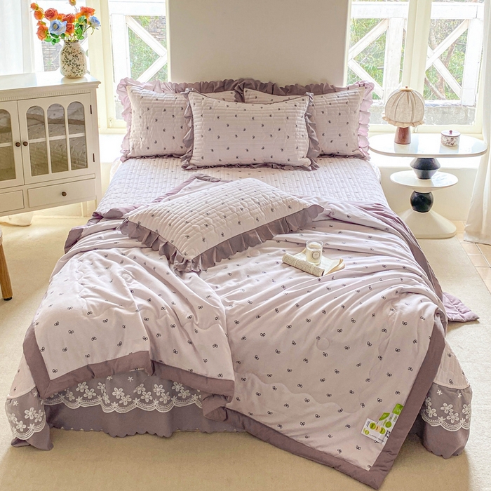 91家纺网 家纺一手货源 找家纺 2025新款直播热款A类针织棉双层纱床盖款夏被四件套 米娅