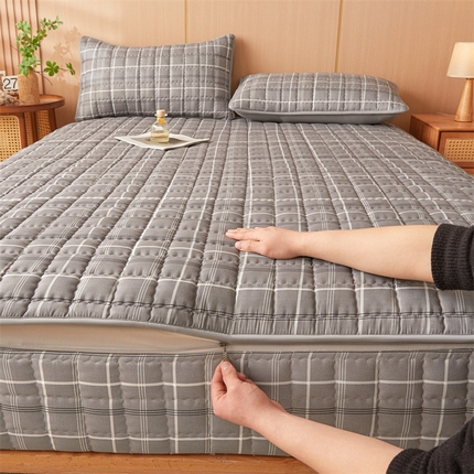 苏拉家居 2025新款无印风拉链式可拆6面全包夹棉绗缝床笠 艾克斯-灰五面夹棉