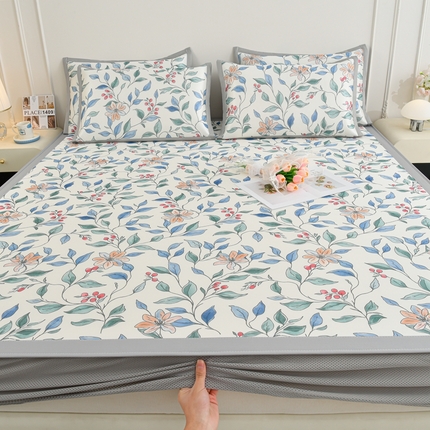 简一 2025新款A类碳光印花数码冰丝凉席系列-床笠款 花枝招展