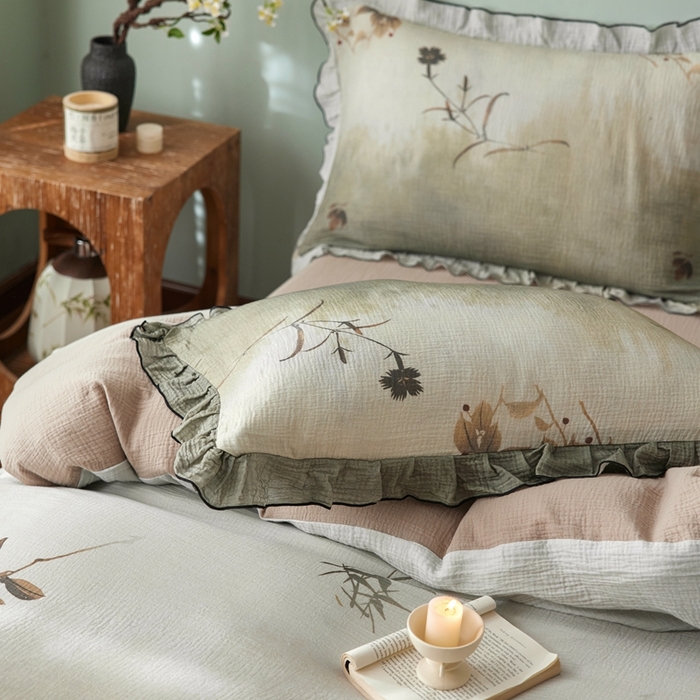 91家纺网 家纺一手货源 找家纺 安莱生活 2025新款全棉精梳棉双层纱绉纱数码印花四件套 烟雨江南-绿