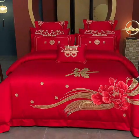 91家纺网 家纺一手货源 找家纺 博之洋婚庆 2025新款全棉长绒棉刺绣新中式婚庆系列多件套一生相守
