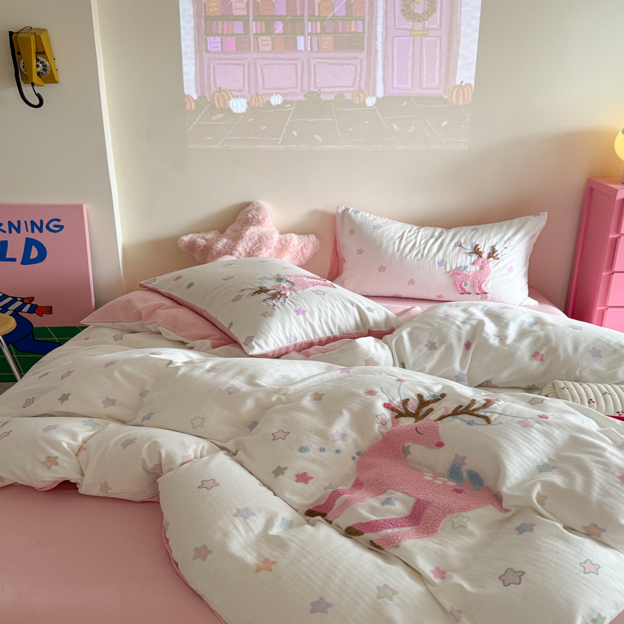 91家纺网 家纺一手货源 找家纺 柚子 2025春夏新款全棉纯棉双层纱毛巾绣四件套 麋鹿