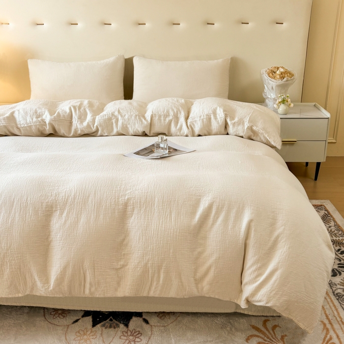 91家纺网 家纺一手货源 找家纺 鲁爱家纺供货 2025新款全棉双层皱皱纱四件套 不染（拉链款）