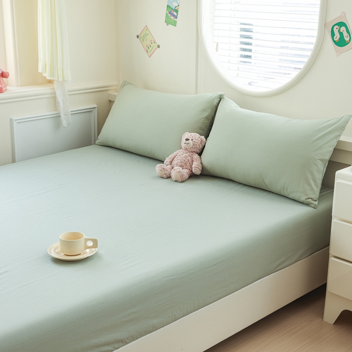 91家纺网 家纺一手货源 找家纺 2025新款全棉A类简约素色水洗棉纯棉单床笠 薄荷绿