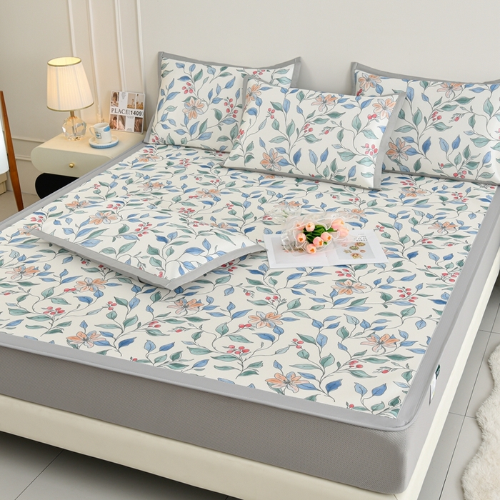 91家纺网 家纺一手货源 找家纺 简一 2025新款A类碳光印花数码冰丝凉席系列-床笠款 花枝招展